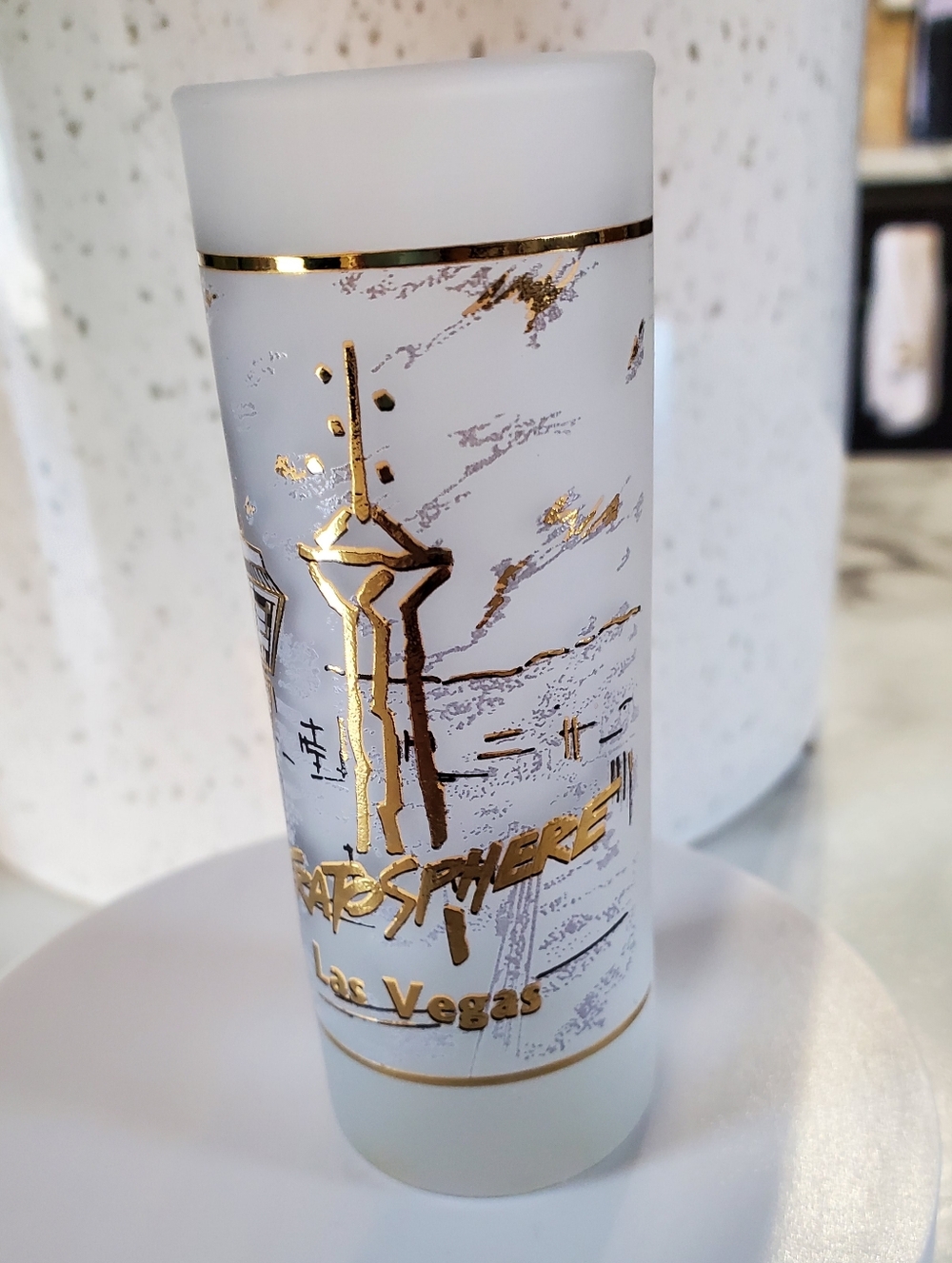 Vintage Stratosphere  Las Vegas Tall Frosted Shot Glass w/ Gold